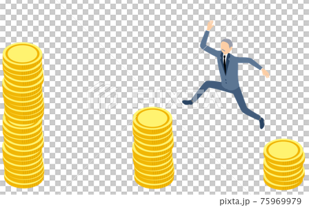 金貨から金貨にジャンプするビジネスマン、ビジネスシーンのイメージ、アイソメトリック 75969979