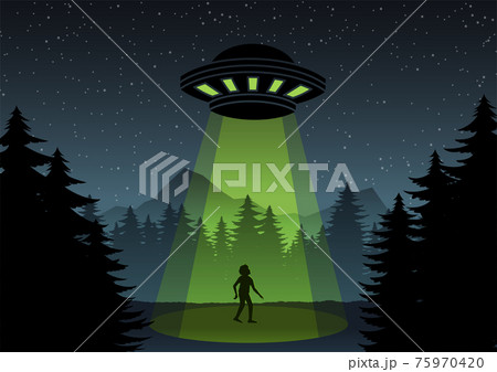 Cartoon version design of UFO fly over the forest and a man Cartoon version design of UFO fly over the forest and a man 75970420