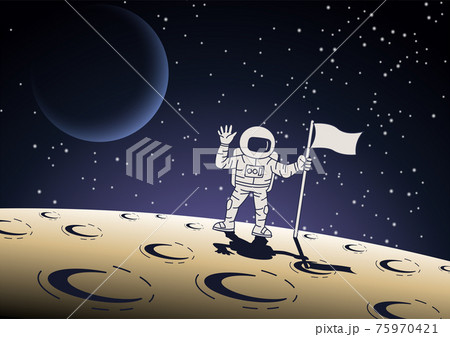 Cartoon version design of astronaut hold the flag on surface of the moon 75970421