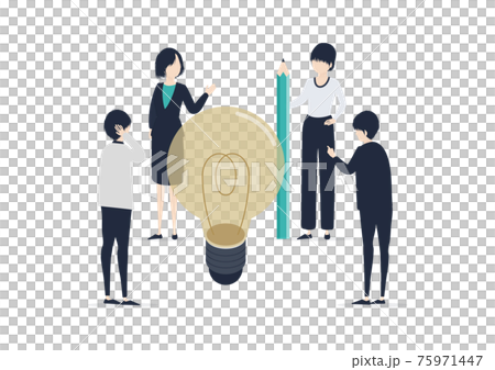 アイデアを出し合う日本のビジネスチームのイラスト素材 75971447