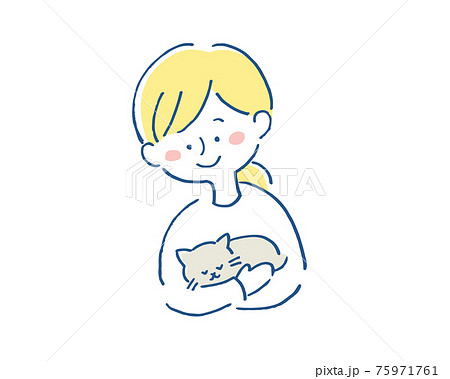 猫を抱っこする女性のイラストのイラスト素材