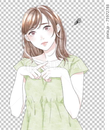 Illustration of a woman with a troubled expression making a cross pose 75972788