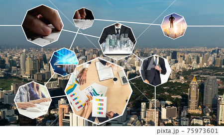 Business network web banner photo set in concept of management and growth 75973601