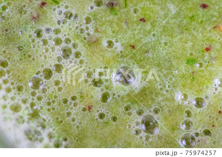 Close-up on the texture of a smoothie in a mug, bubbles of liquid, top view. Close-up on the texture of a smoothie in a mug, bubbles of liquid, top view. 75974257