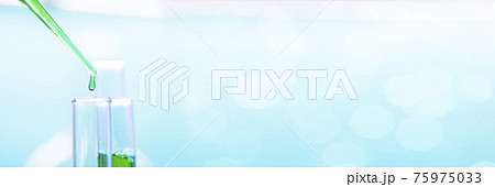 Chemical test tubes and pipette with green liquid close up in a chemical laboratory 75975033