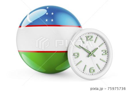 Uzbek flag with clock. Time in Uzbekistan, 3D rendering Uzbek flag with clock. Time in Uzbekistan, 3D rendering 75975736