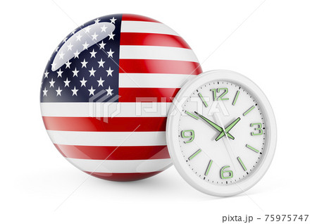 The United States flag with clock. Time in the USA, 3D rendering 75975747