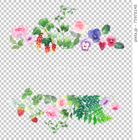 <水彩>魔法森林花束（漿果、三色堇、玫瑰、蕨類植物、藤蔓）的橫長方形框素材 75978148