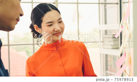 Business people work on project planning board Business people work on project planning board 75978913