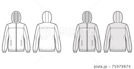 Windbreaker jacket technical fashion illustration with hood, oversized, long sleeves, welt pockets, zip-up opening 75979874