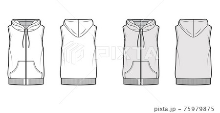 Hooded vest puffer waistcoat technical fashion illustration with sleeveless, kangaroo pouch, zip-up closure, oversized Hooded vest puffer waistcoat technical fashion illustration with sleeveless, kangaroo pouch, zip-up closure, oversized 75979875
