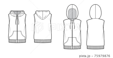 Set of Hooded vests waistcoat technical fashion illustration with sleeveless, kangaroo pouch, zip-up closure, oversized 75979876