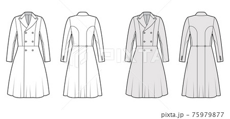 Redingote coat technical fashion illustration with double breasted, fitted, long sleeves, peak lapel collar, knee length Redingote coat technical fashion illustration with double breasted, fitted, long sleeves, peak lapel collar, knee length 75979877