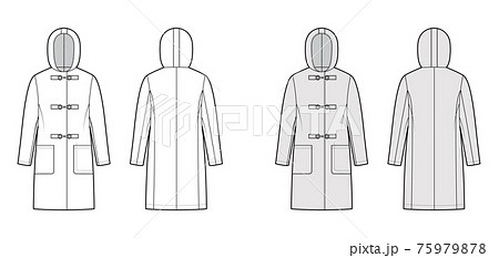 Clasp coat technical fashion illustration with long sleeves, hood, oversized body, patch pockets, knee length. Flat Clasp coat technical fashion illustration with long sleeves, hood, oversized body, patch pockets, knee length. Flat 75979878