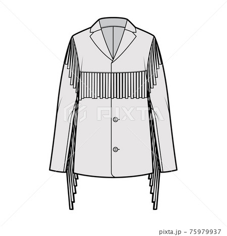 Western jacket technical fashion illustration with fringe, oversized, long sleeves, notched collar, button opening. Flat Western jacket technical fashion illustration with fringe, oversized, long sleeves, notched collar, button opening. Flat 75979937