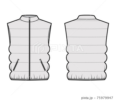 Down vest puffer waistcoat technical fashion illustration with sleeveless, collar, zip-up closure, pockets, oversized 75979947
