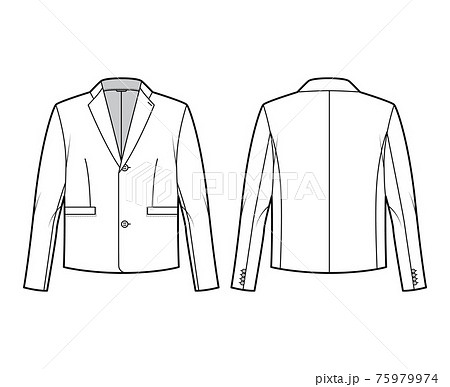 Single breasted jacket suit technical fashion illustration with long sleeves, notched lapel collar, flap welt pockets. 75979974