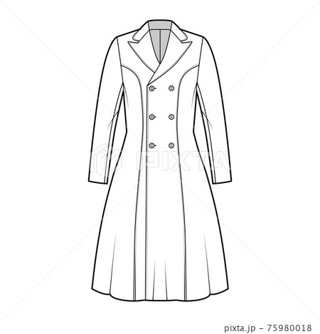 Princess line coat technical fashion illustration with double breasted, fitted body, peak lapel collar, knee length 75980018