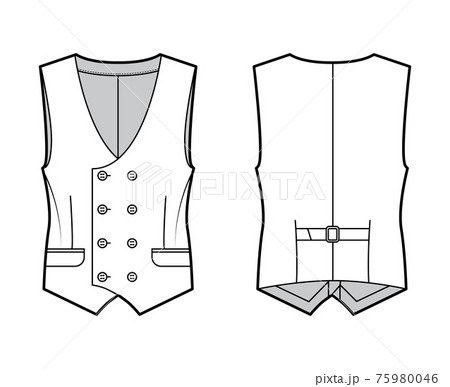 Double breasted vest waistcoat technical fashion illustration with sleeveless, button-up closure, flap pockets, fitted 75980046
