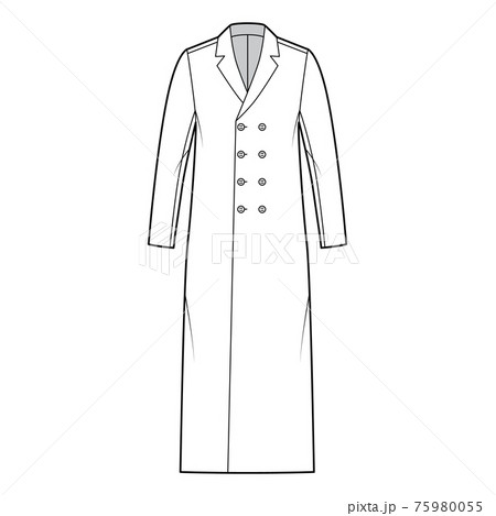 Classic coat technical fashion illustration with midi length, long sleeves, notched collar, oversized, double breasted Classic coat technical fashion illustration with midi length, long sleeves, notched collar, oversized, double breasted 75980055
