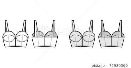 Denim bustier top technical fashion illustration with thin straps, zip-up closure, cups, slim fit, crop length bra 75980060