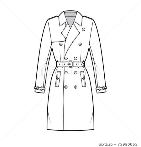 Trench coat technical fashion illustration with belt, double breasted, fitted, napoleon wide lapel collar, knee length 75980065