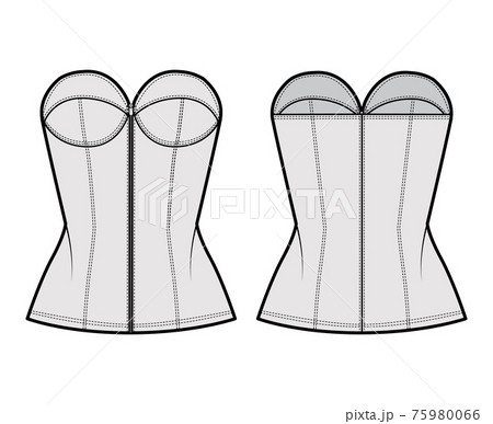 Denim corset top bustier technical fashion illustration with basque, strapless, zip-up closure, cups, fitted body. Flat 75980066