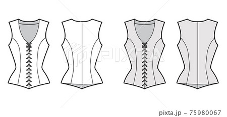 Bodice vest waistcoat technical fashion illustration with sleeveless, V-neck, lacing front closure, fitted body Bodice vest waistcoat technical fashion illustration with sleeveless, V-neck, lacing front closure, fitted body 75980067