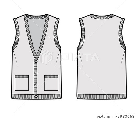 Cardigan vest sweater waistcoat technical fashion illustration with sleeveless, rib V-neckline, button closure, pockets 75980068