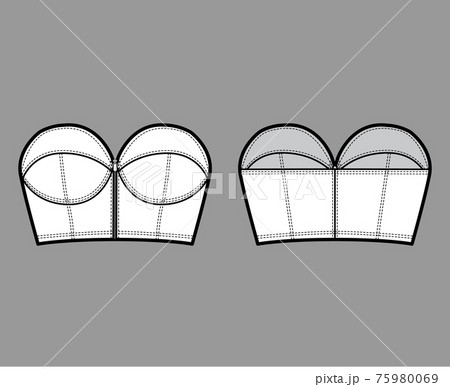 Denim bustier top technical fashion illustration with zip-up closure, cups strapless , slim fit, crop length. Flat bra Denim bustier top technical fashion illustration with zip-up closure, cups strapless , slim fit, crop length. Flat bra 75980069