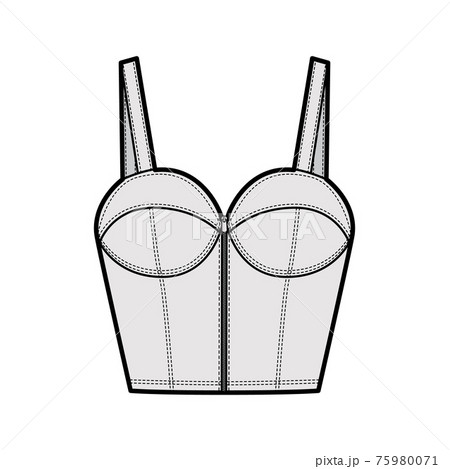 Denim bustier top technical fashion illustration with thin straps, zip-up closure, cups, slim fit, waist crop length. Denim bustier top technical fashion illustration with thin straps, zip-up closure, cups, slim fit, waist crop length. 75980071