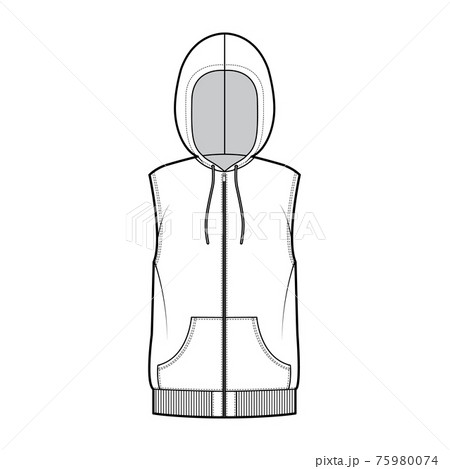 Hooded vest puffer waistcoat technical fashion illustration with sleeveless, kangaroo pouch, zip-up closure, oversized 75980074
