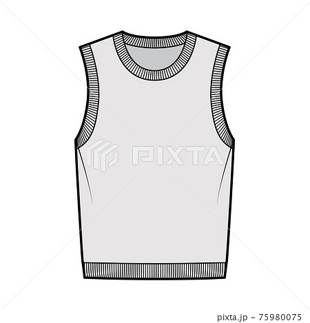 Pullover vest sweater waistcoat technical fashion illustration with sleeveless, rib knit round neckline, oversized body. 75980075