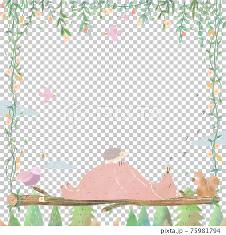 北欧風オシャレな植物や木で作ったブランコに乗ったかわいい動物のベクター白バックのイラスト 75981794