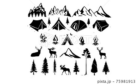 樹木 自然 シルエット 影絵 山 森 稜線 キャンプ ファイヤー たき火 透過 ナチュラル シンプルのイラスト素材