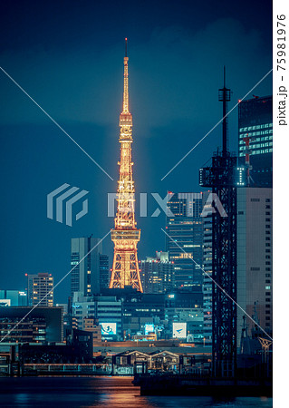 東京都 海越しに眺める東京タワー夜景の写真素材