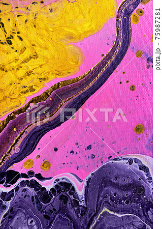 Acrylic Fluid Art. Natural Yellow, magenta and purple paints flow on canvas. Digital decor. Abstract stone background or texture 75987281