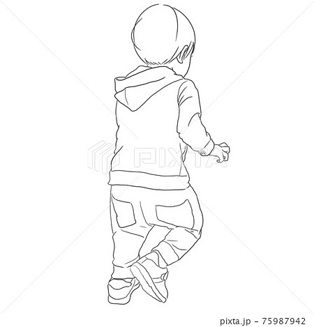 走る子供の後ろ姿の線画のイラスト素材