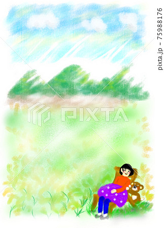 自然に癒されている女性と子熊のイラスト。 自然に癒されている女性と子熊のイラスト。 75988176