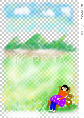 自然に癒されている女性と子熊のイラスト。 自然に癒されている女性と子熊のイラスト。 75988176