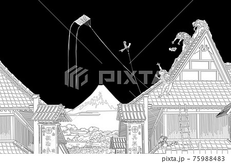 葛飾北斎イメージ江都駿河町三井見世略図 線黒バック 葛飾北斎イメージ江都駿河町三井見世略図 線黒バック 75988483