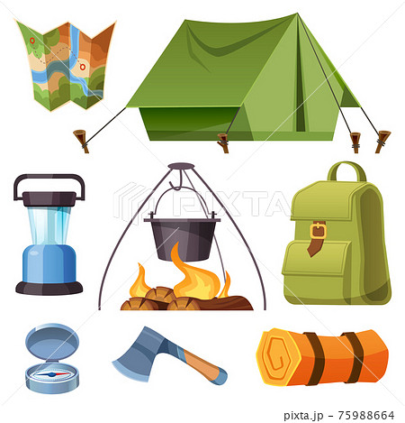 Set of camping equipment and stuff cartoon set 75988664