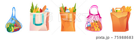 Net, cotton and paper shopping bags with grocery Net, cotton and paper shopping bags with grocery 75988683