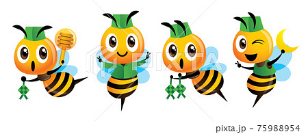 Selamat Hari Raya. Cartoon cute bee celebrate Hari Raya Aidilfitri mascot set. Cute bee wear Songkok cap holding Ketupat (rice dumplings) and moon.-mascot character Selamat Hari Raya. Cartoon cute bee celebrate Hari Raya Aidilfitri mascot set. Cute bee wear Songkok cap holding Ketupat (rice dumplings) and moon.-mascot character 75988954