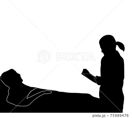 話す医者とベットに寝る患者のシルエットのイラスト素材