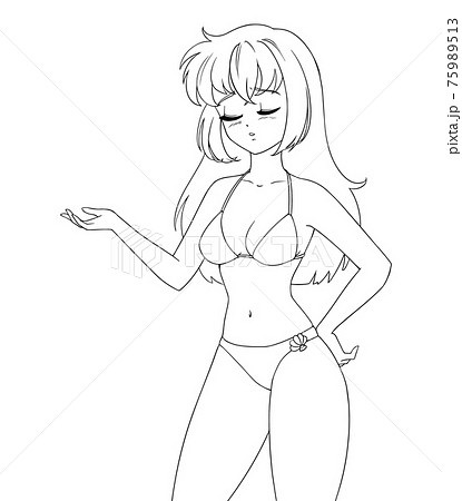 Cute anime manga girl wearing swimsuit bikini isolated on white background. 75989513