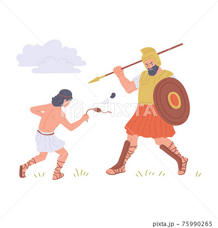 Old Testament bible David and Goliath, flat vector illustration isolated. 75990265