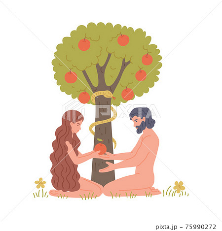 Adam And Eve In Eden Next To Apple Tree Flat のイラスト素材