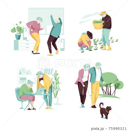 Active seniors concept elderly couples planting, sitting on the laptop, walking the dog, dancing flat cartoon vector illustrations Active seniors concept elderly couples planting, sitting on the laptop, walking the dog, dancing flat cartoon vector illustrations 75990321