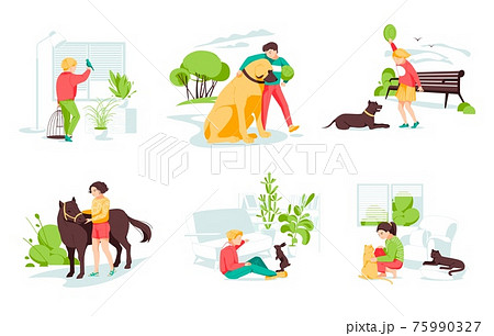 Set with kids taking care of wild and pet animals. Vector illustration in the flat cartoon style. Set with kids taking care of wild and pet animals. Vector illustration in the flat cartoon style. 75990327